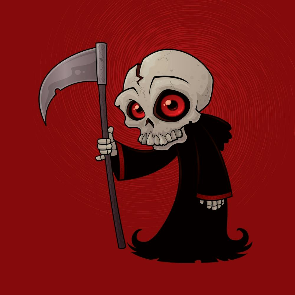 Little Grim Reaper with Red Eyes Holding A Scythe
