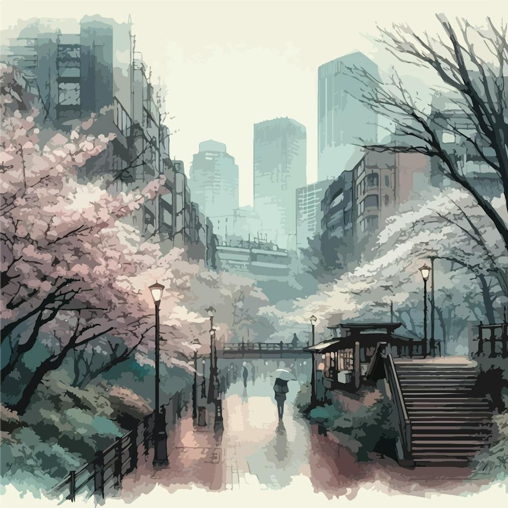 "Tokyo Rainfall" | Pluvieux, Parapluies, Sombre, Paysage Urbain, Tokyo, Japon, Œuvre D'art, Art Mural, Aquarelle, Esthétique, Zen, Lofi, Anime