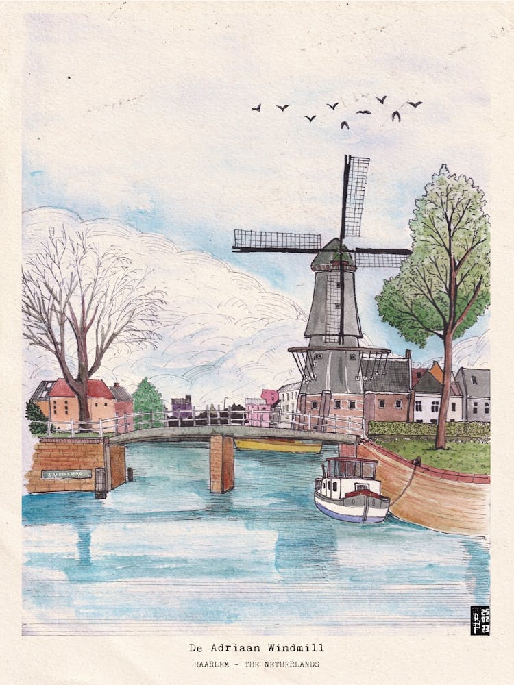 Haarlem Pays-Bas Aquarelle - Décoration Murale Moulin à Vent - Illustration Moulin à Vent Hollandais - Impression Paysage Pays-Bas