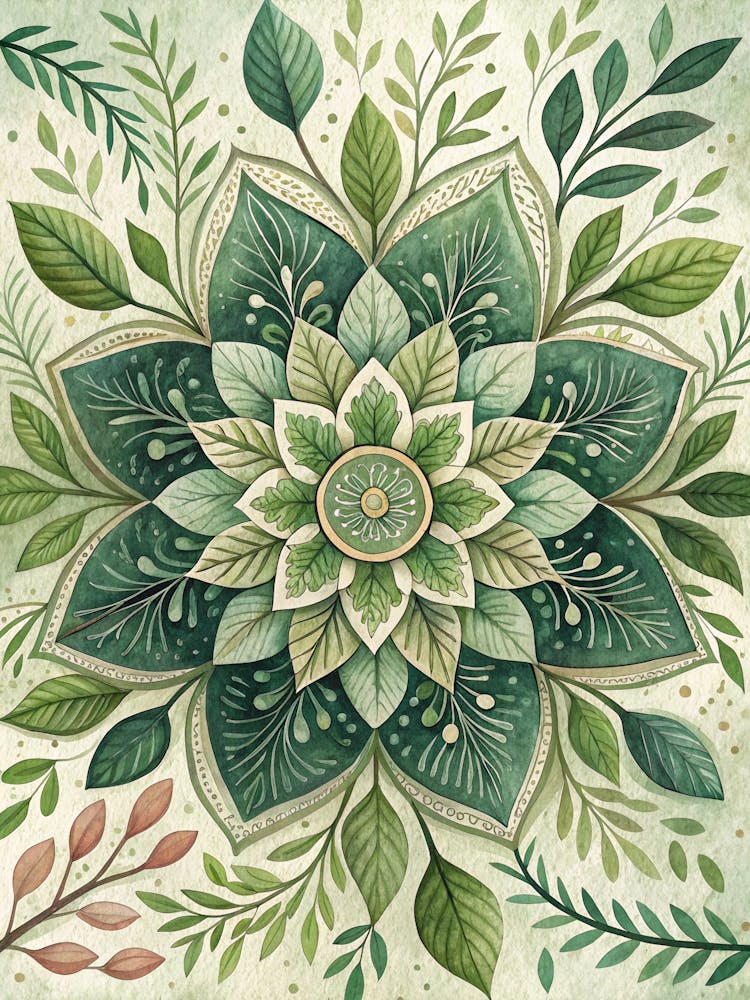 Oil Painting Style Botanical Mandala Made Of Leave