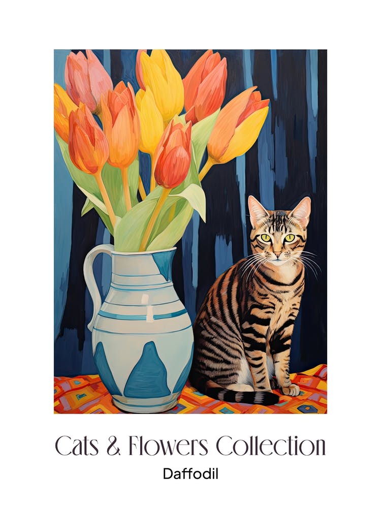 Cats & Flowers Collection Daffodil Flower Vase And A Cat, A Painting In The Style Of Matisse 3