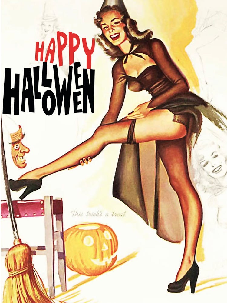 Pin Up Girl In Witch Costume Ready For A Halloween Party