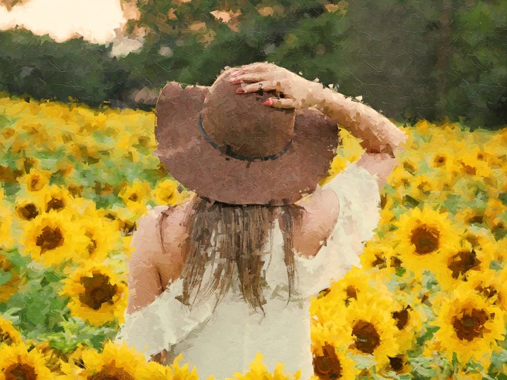 A Girl In The Field Of Sunflowers, Oil Painting