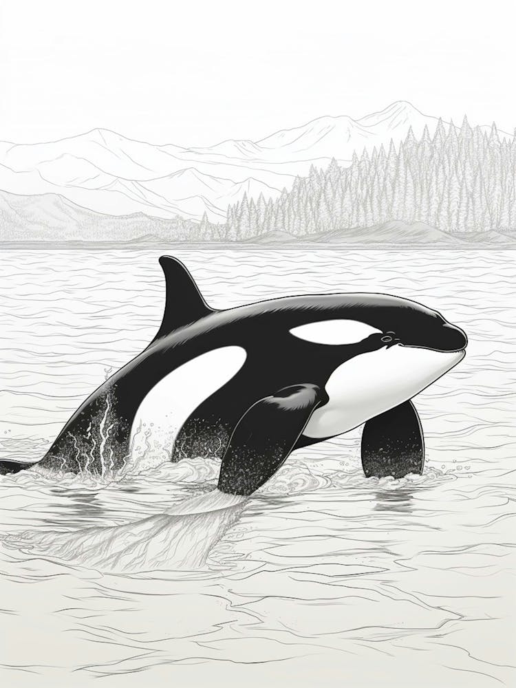 Minimalist Black Line Drawing Of Orca Whale