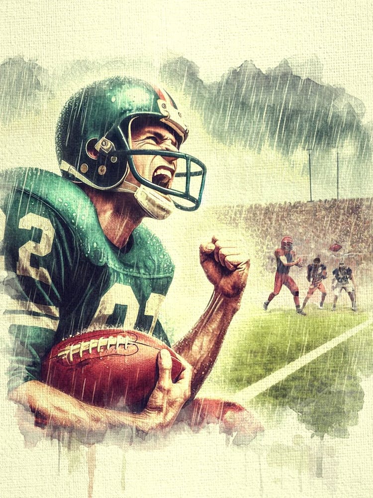 Amerikanischer Footballspieler im Regen Aquarell
