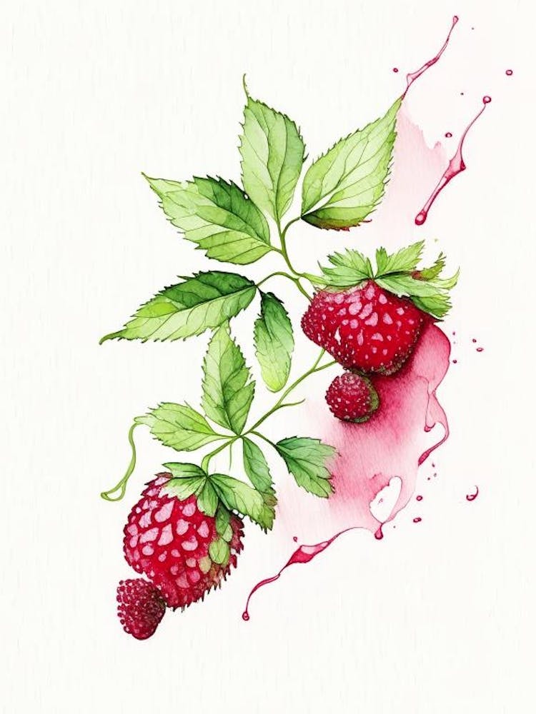Red Raspberry Herb Minimalist Watercolour 1