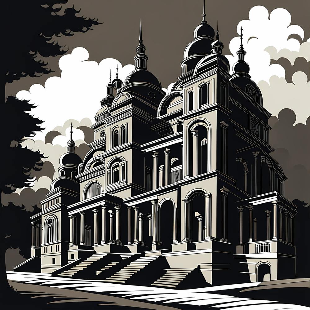 Russian Orthodox Church, black and white monochromatic art