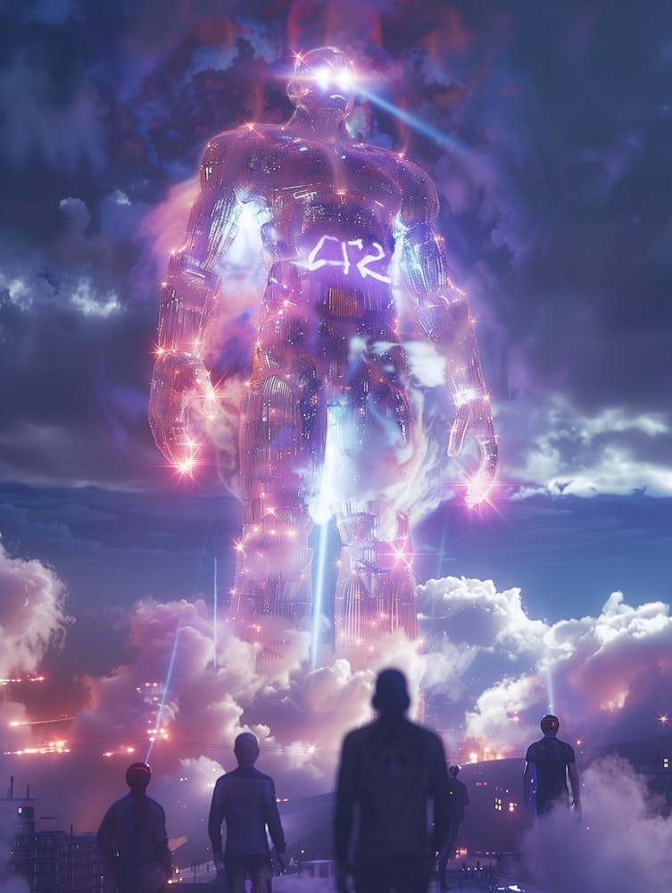 A Giant Man Made Of Translucent Materials In The Style Of Burning Man Holographically Projected In The Sky With His Eyes Made Lasers , Epic Scene, Rich With Details, Huge Number 42 In The Background Made Of Clouds, In The Style Of Re