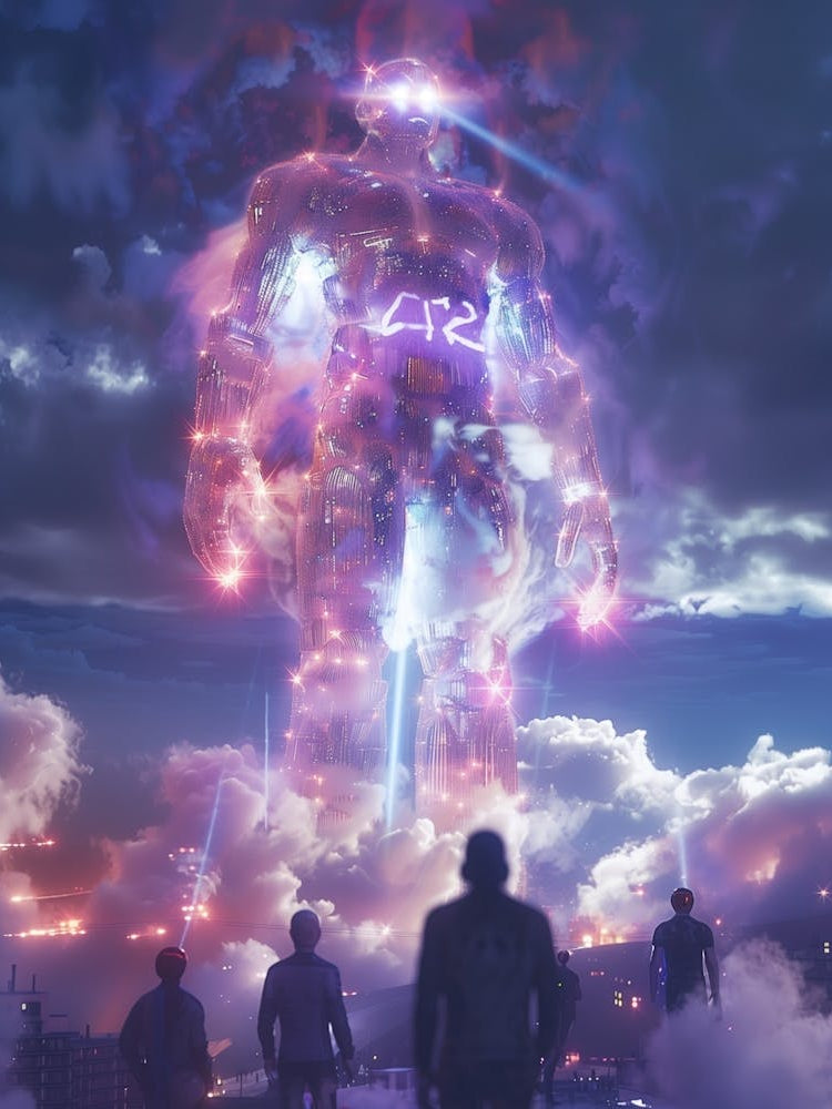 A Giant Man Made Of Translucent Materials In The Style Of Burning Man Holographically Projected In The Sky With His Eyes Made Lasers , Epic Scene, Rich With Details, Huge Number 42 In The Background Made Of Clouds, In The Style Of Re