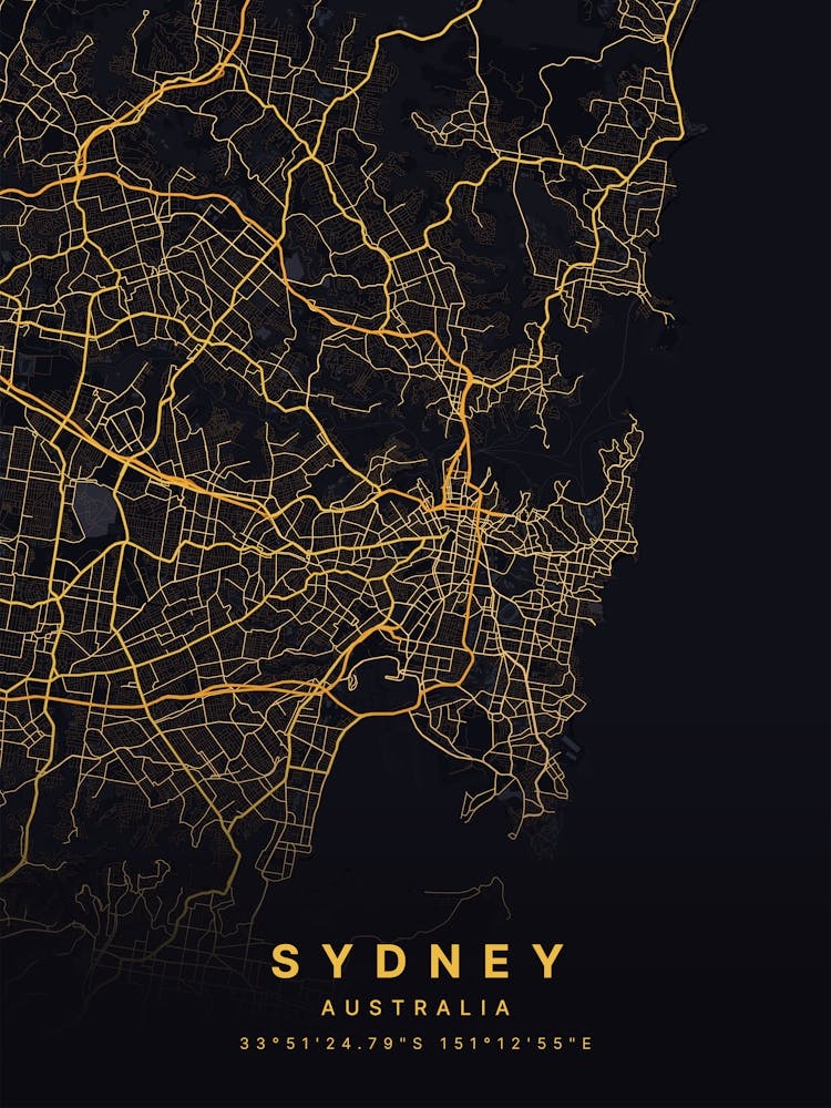 Sydney Australia Black And Gold Map