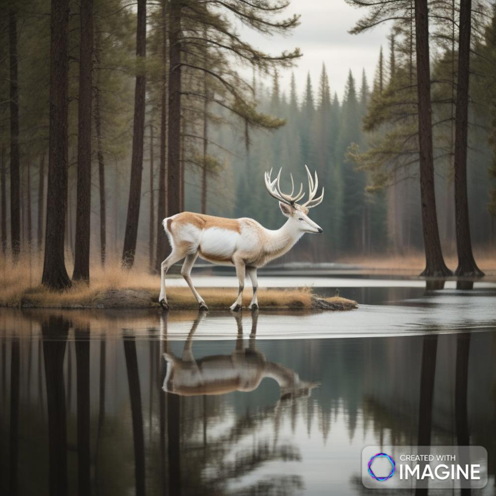 white deer standing over a lake