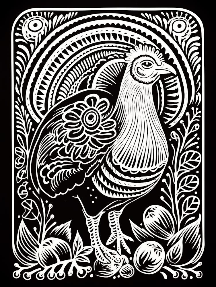 B&W Bird Linocut Turkey 2