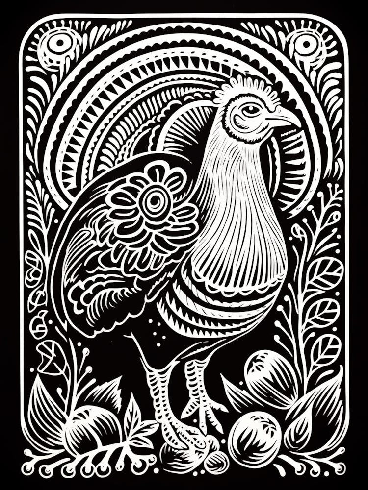 B&W Bird Linocut Turkey 2