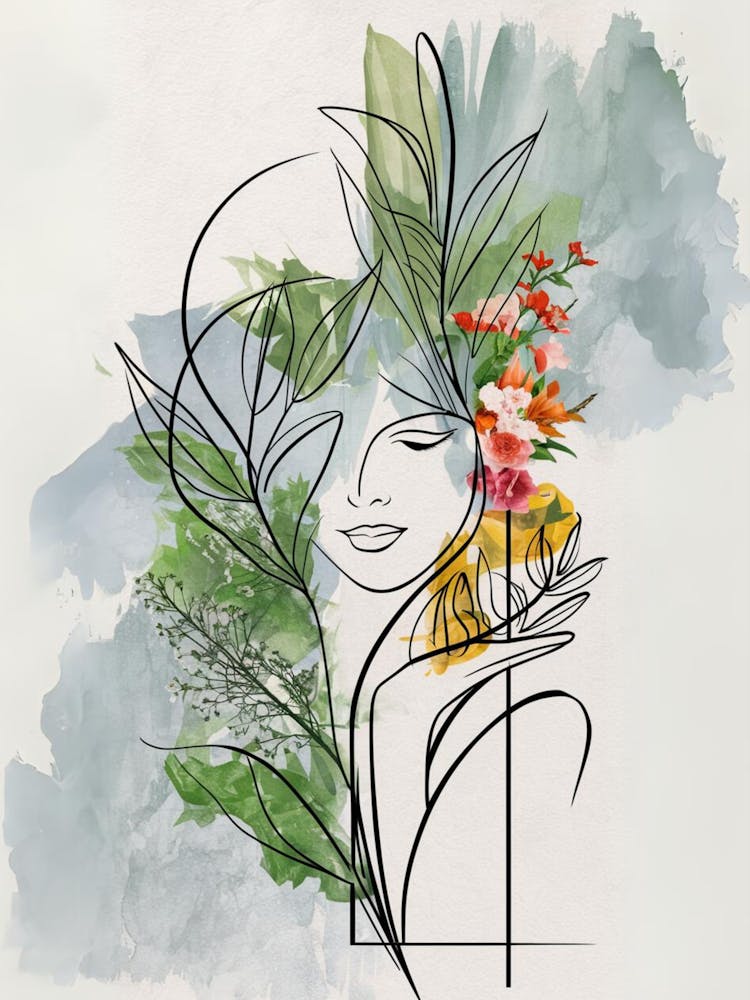 Watercolor Of A Woman With Flowers