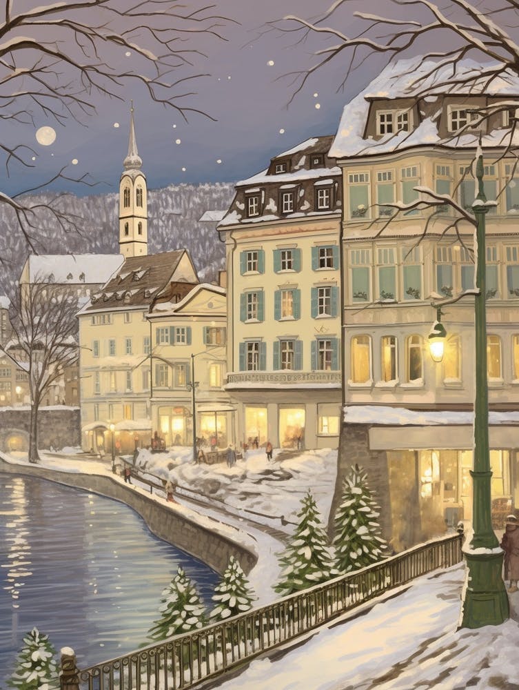 Vintage Winter Illustration Zurich Switzerland 3