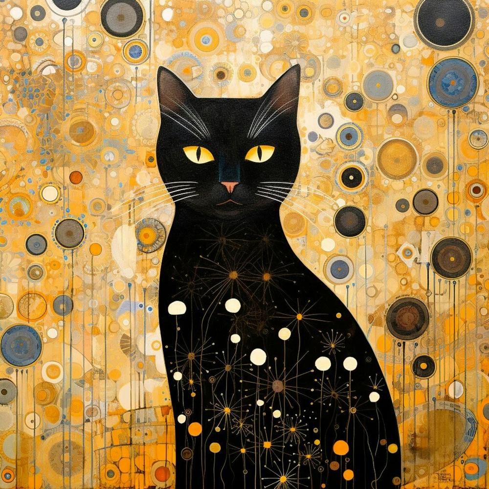 The Kat by F Parrish | black cat | cat art | Klimt style | vintage style | gold and black | FParrishs