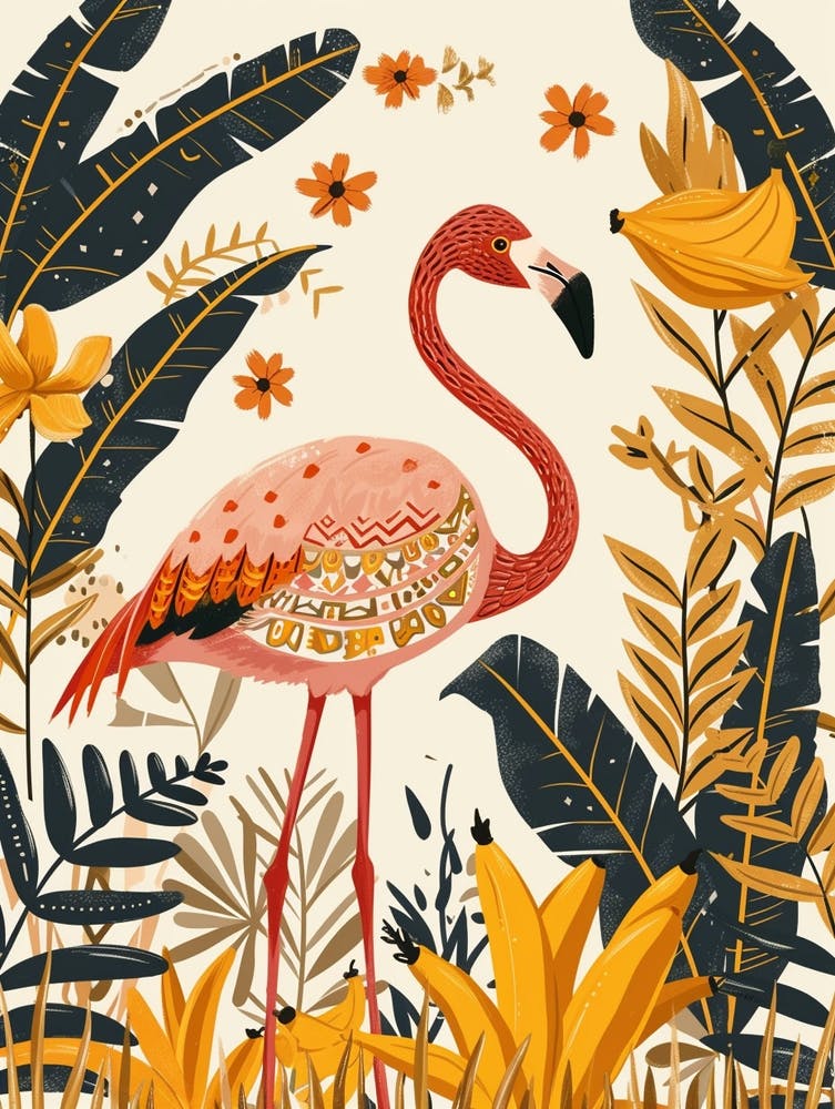 Greater Flamingo And Banana Plants Boho Print 1