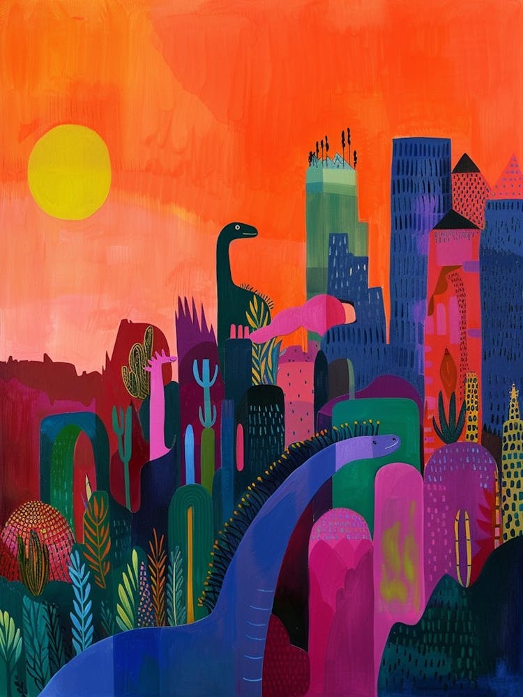 Farbenfrohes Dinosaurier-Stadtlandschaft Gemälde 6