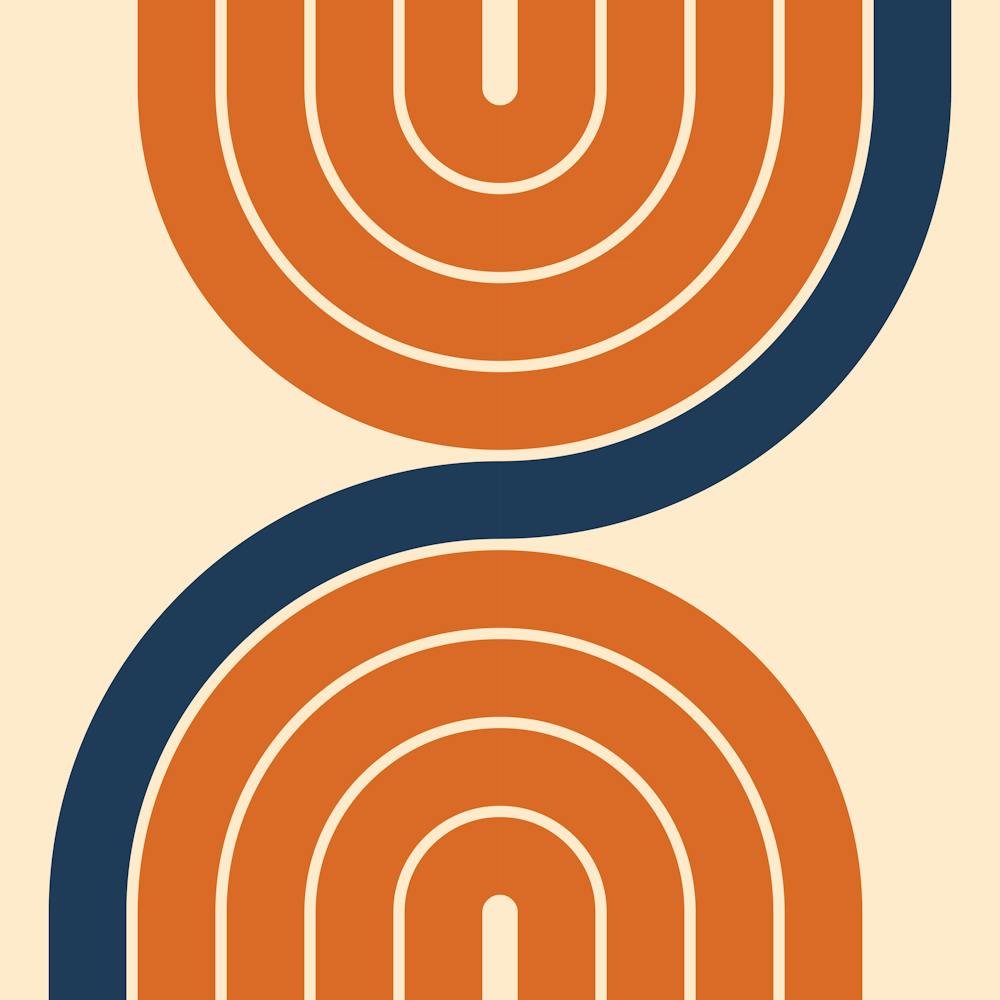 Midcentury Modern Retro Bogen Stilvoll Abstrakt Marineblau und Gebranntes Orange 02a