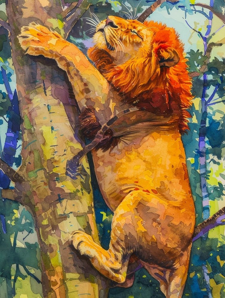 Masai Lion Climbing A Tree Fauvist Painting 3