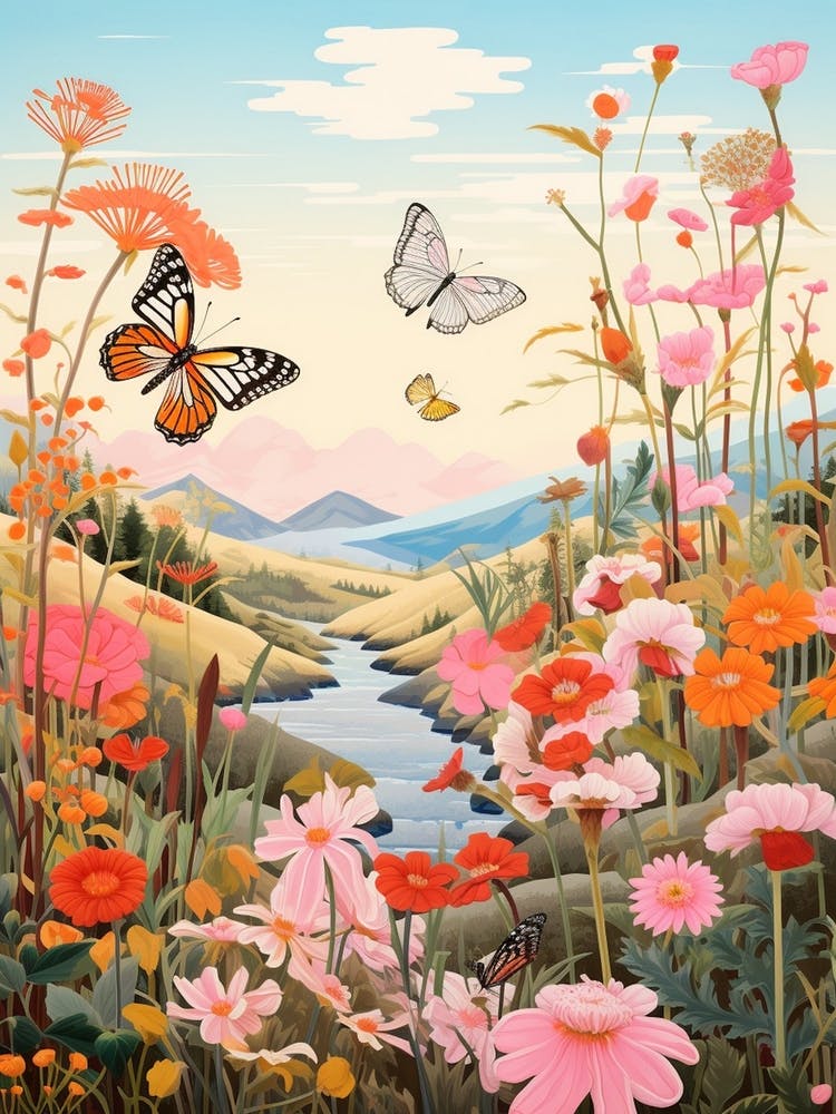 Butterflies In Wild Flowers Japanese Style Painting 7