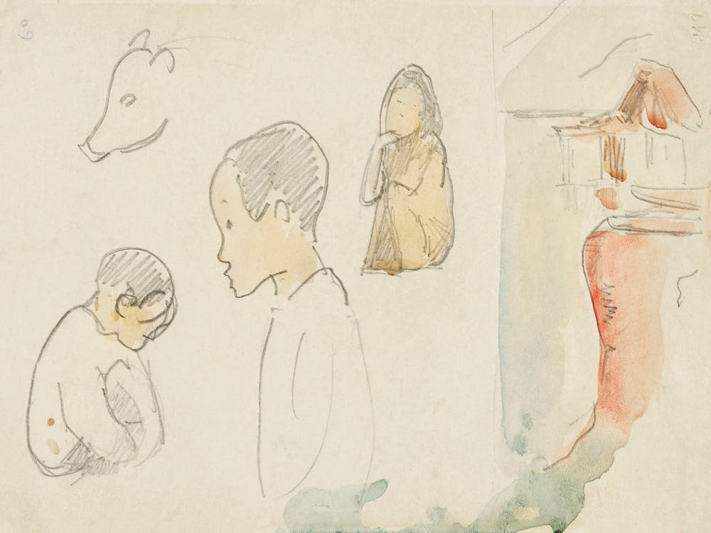 Sketches Of Crouching And Standing Figures, A Pig, And A Hut At Water’S Edge (1891), Paul Gauguin