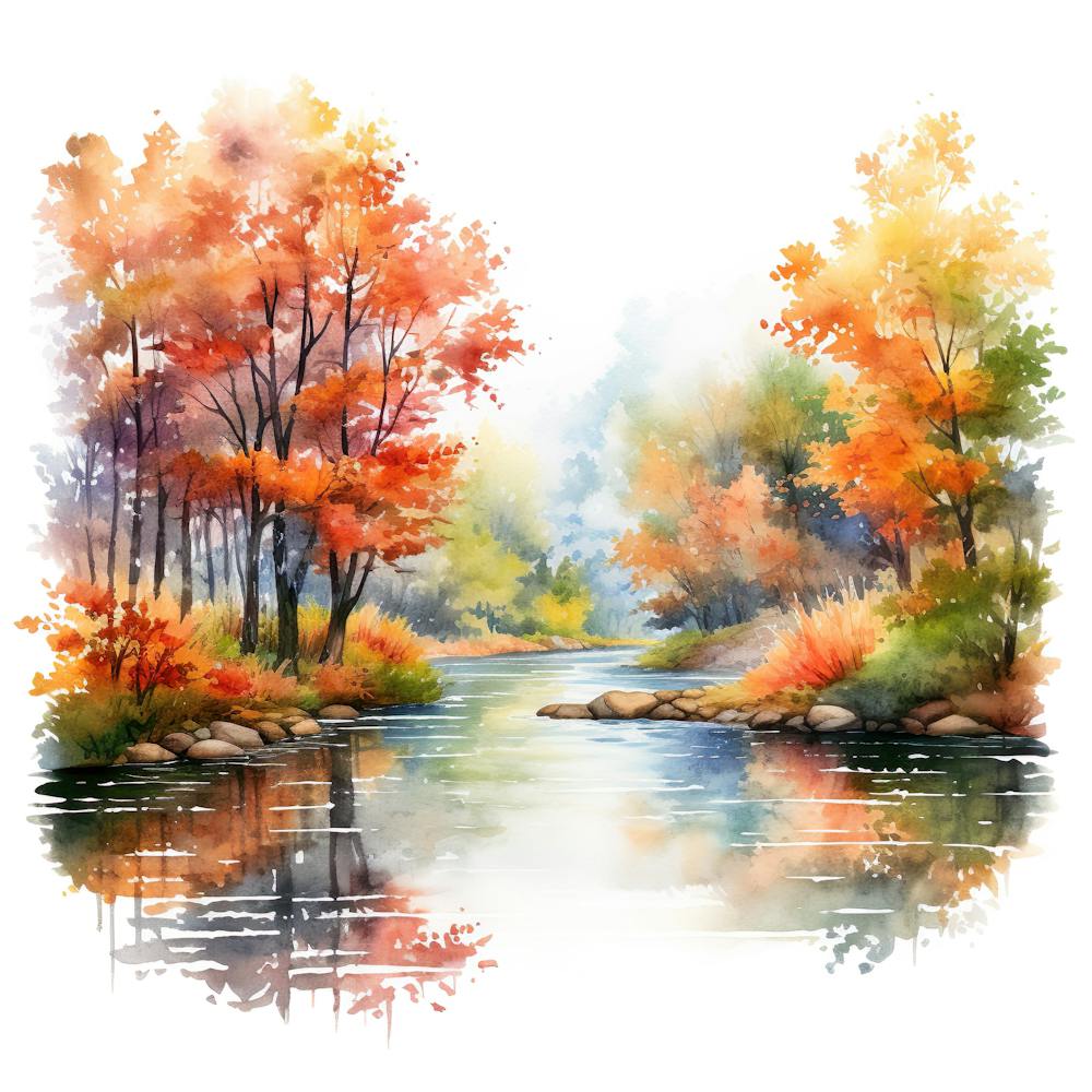 Watercolor Autumn Trees By The River