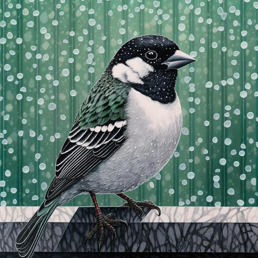 Ohara Koson Inspired Bird Painting House Sparrow 1 Square