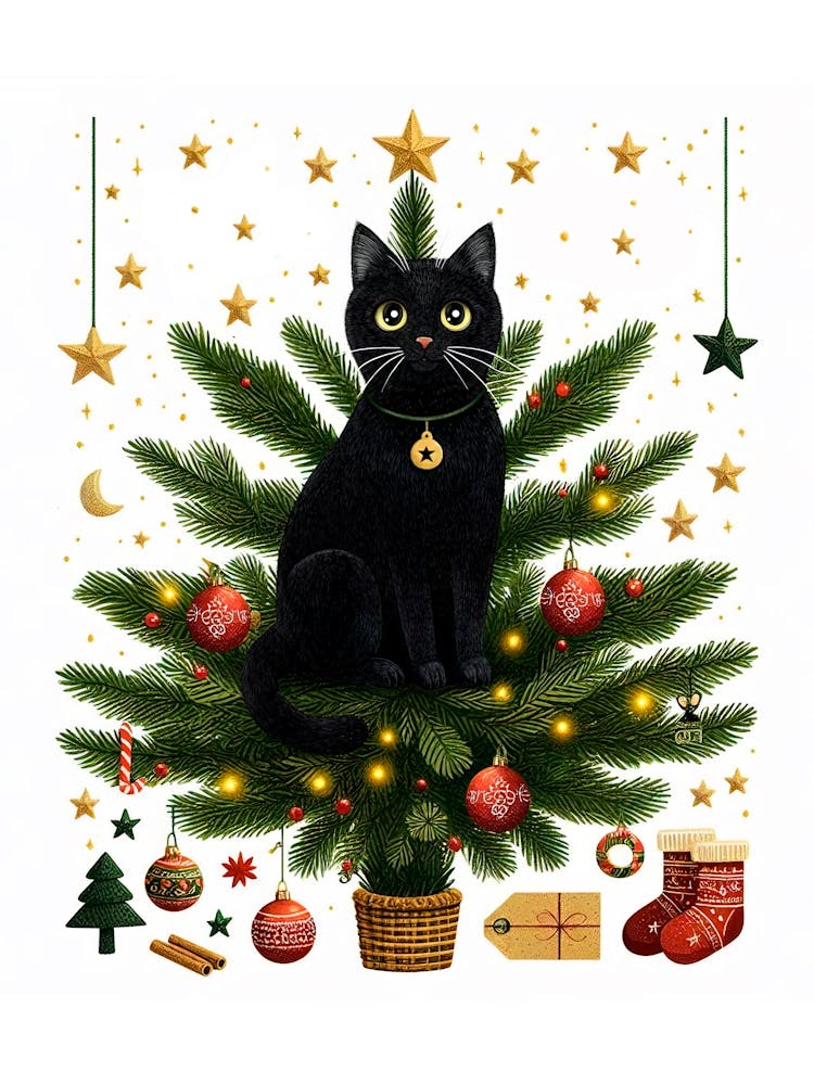Black Cat On The Christmas Tree