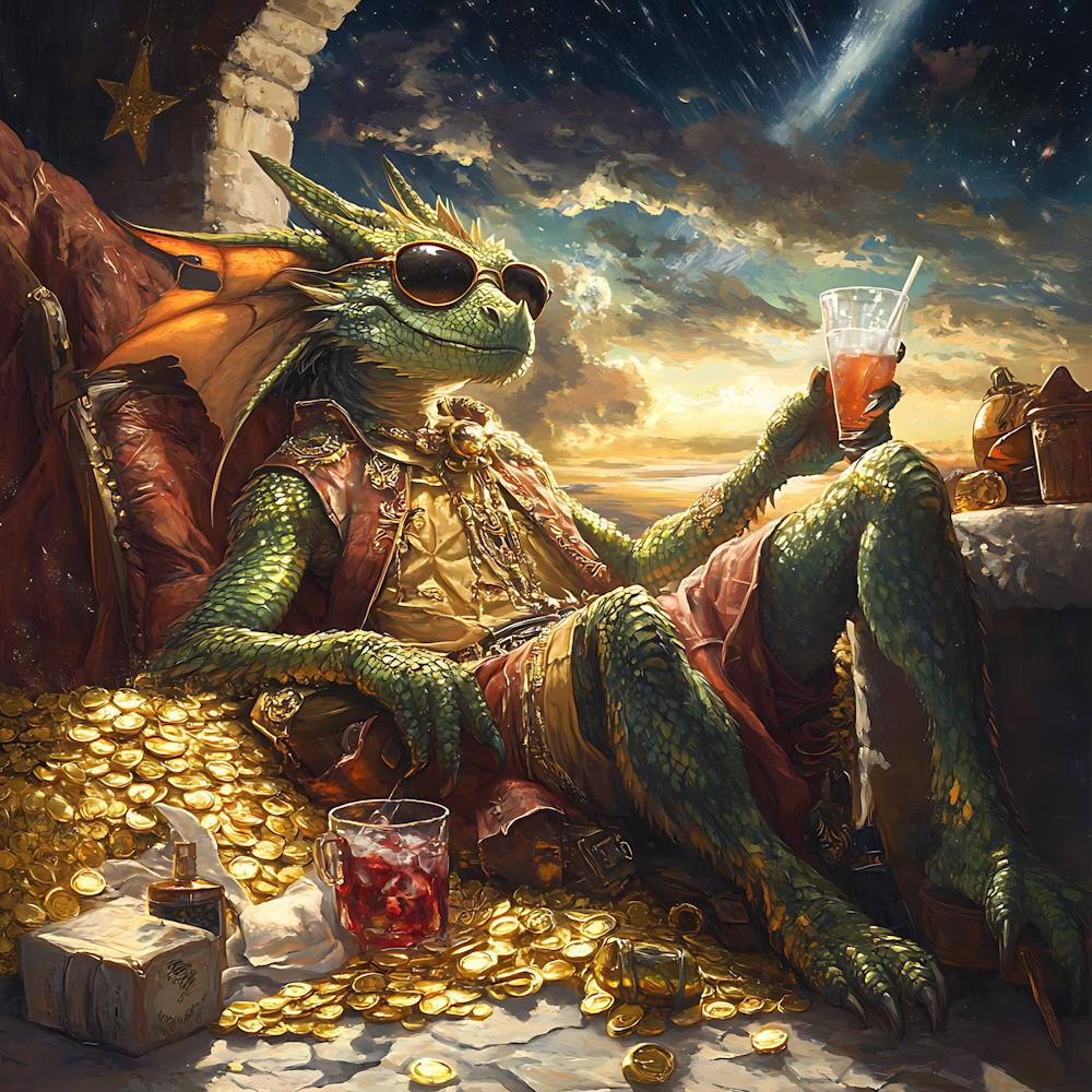 Cool Dragon Lounging on Gold Background 12