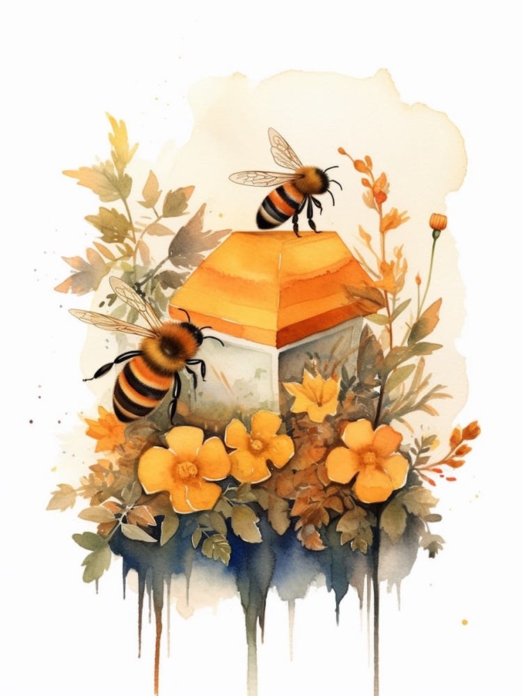 Orange Belted Bumble Bee Beehive Watercolour Illustration 4