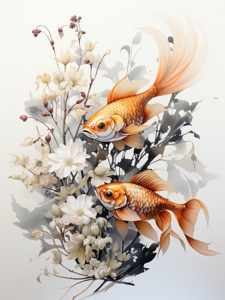 Goldfish, Japanese Brush Painting, Ukiyo E, Minimal 2
