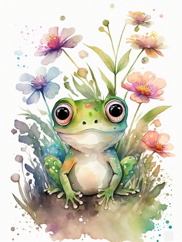 Grenouille Et Fleurs Aquarelle