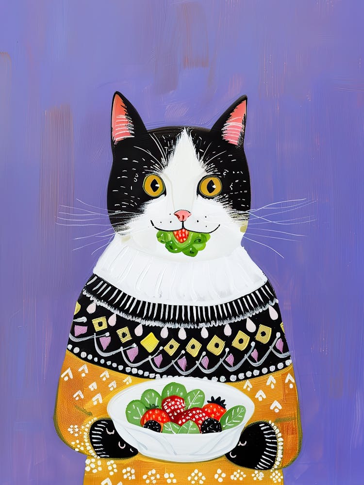Black And White Cat Eating Salad Folk Illustration 3