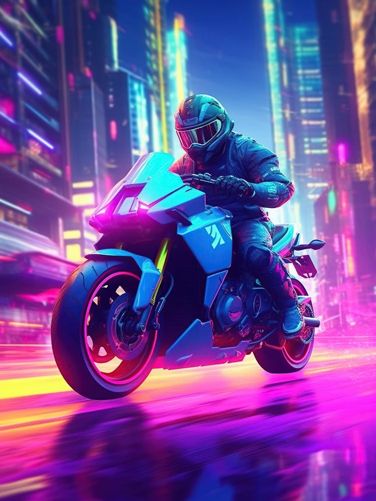 Motorcycle Rider In A Neon City