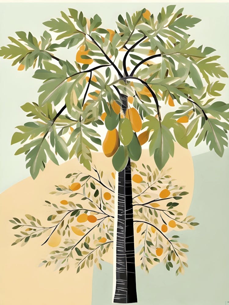 Tropical Papaya Tree Wall Art | Minimalist Botanical Fruit Print