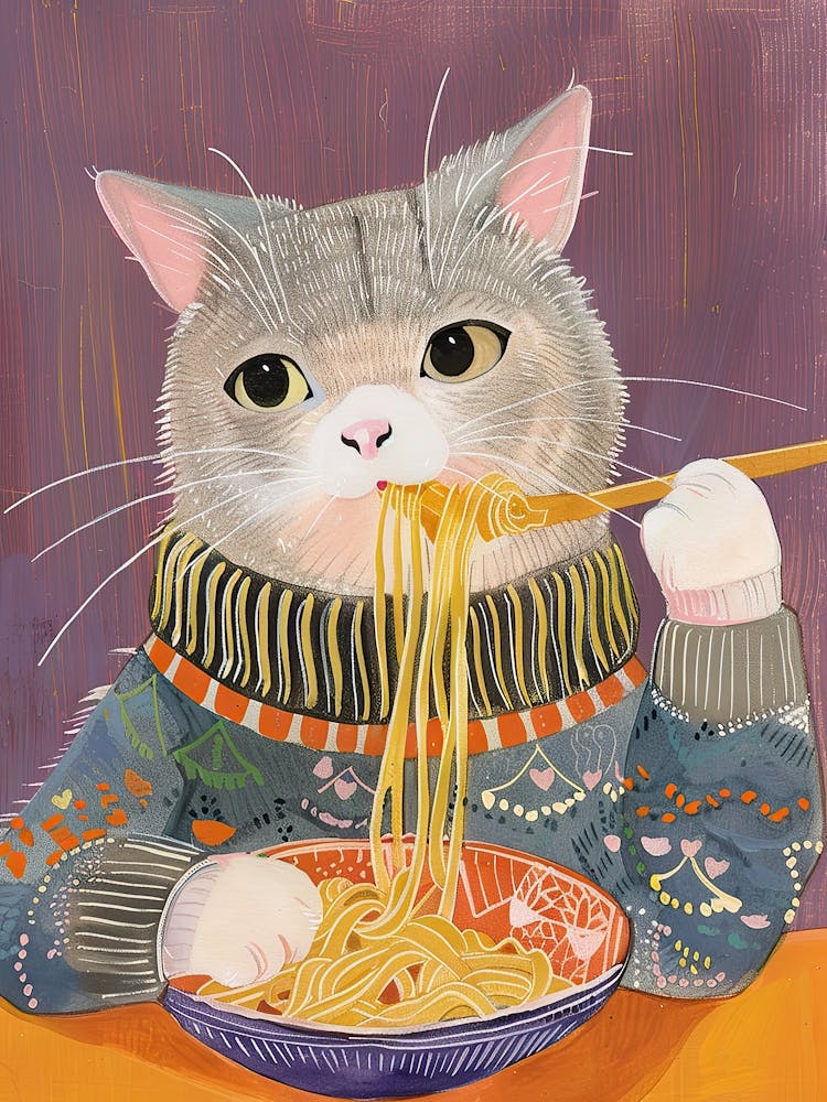 Grey Cat Pasta Lover Folk Illustration 3