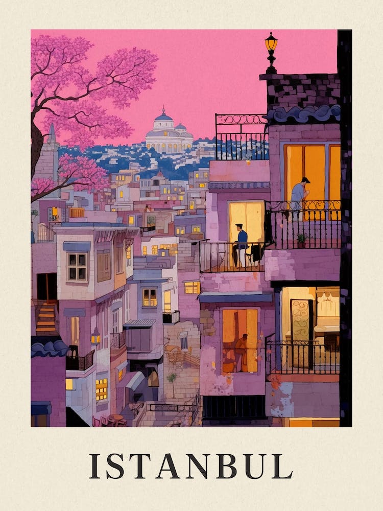 Istanbul Turkey 1 Vintage Pink Travel Illustration Poster