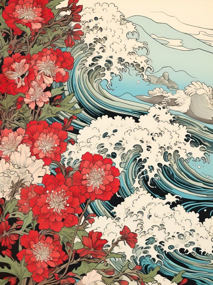 Great Wave With Sweet William Flower Drawing In The Style Of Ukiyo E 3