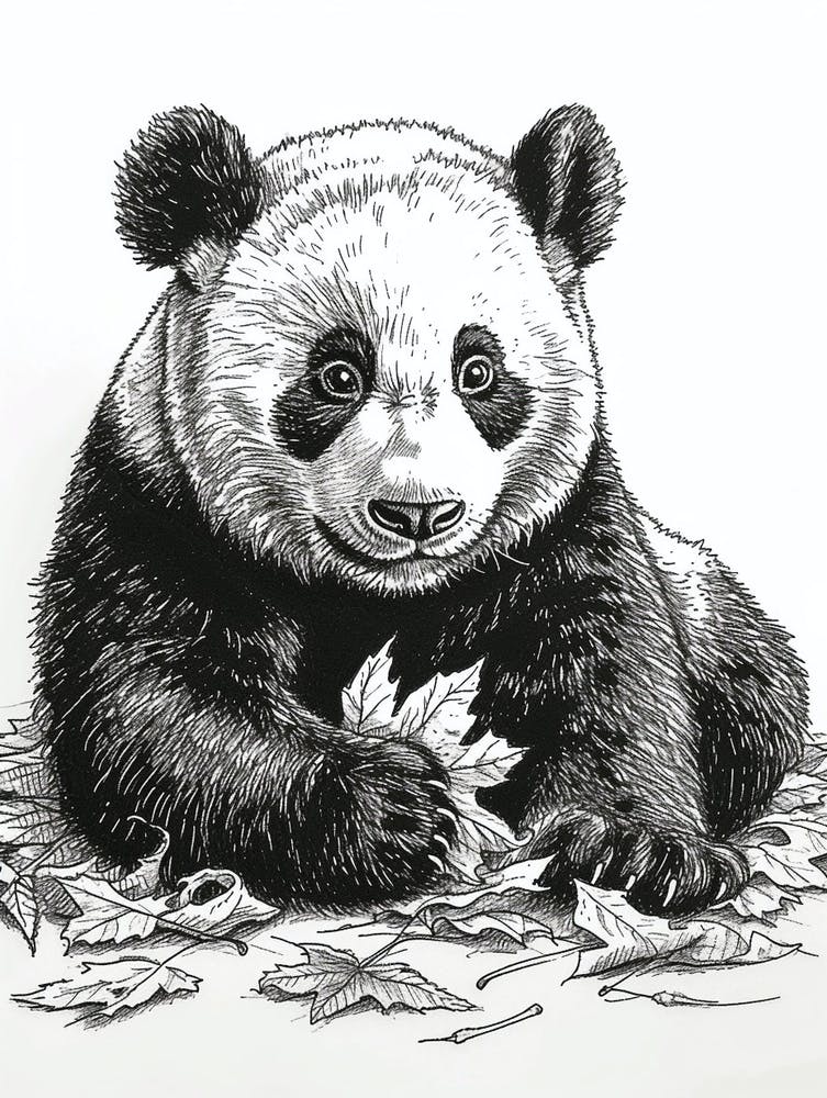 Giant Panda Cub Playing With A Fallen Leaf Ink Illustration 1