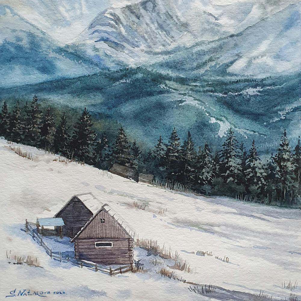 Landscape Watercolor Winter In The Capethians Mountain Square