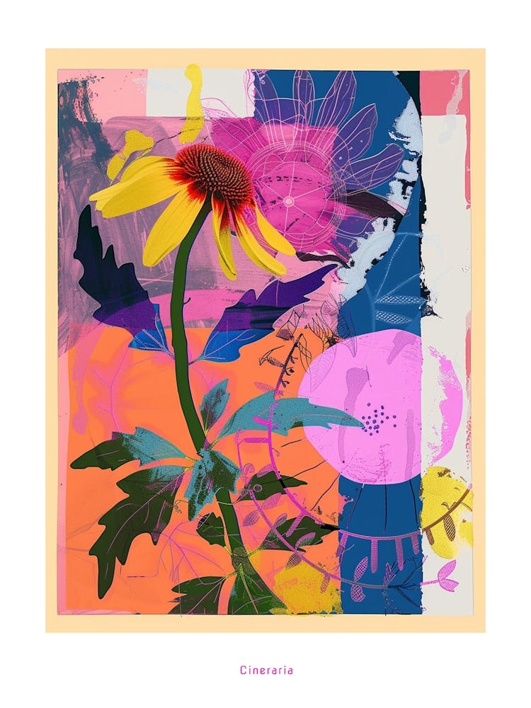 Cineraria 8 Neon Blumen Collage Poster
