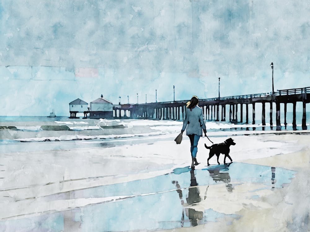 Dog Walking On The Beach Blue and Grey Coastal Watercolor