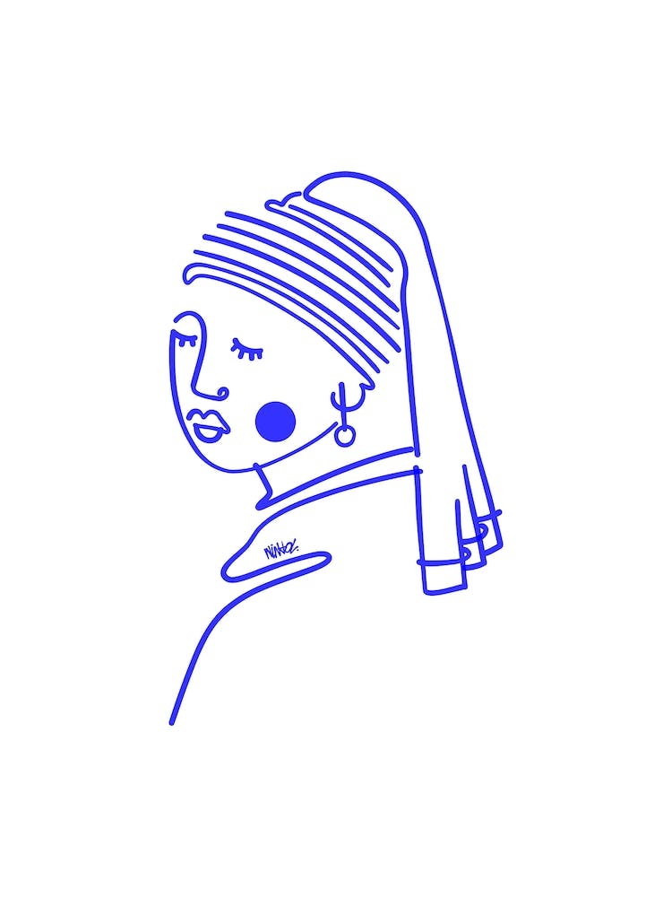 Girl Wearing A Pearl Earring Blue Line