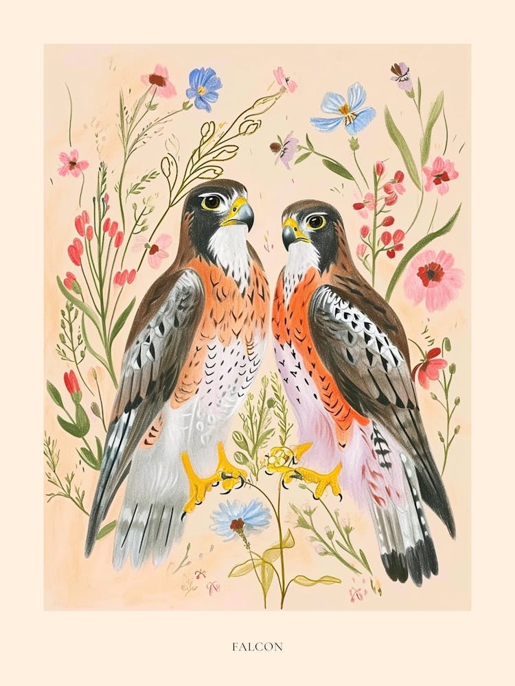 Folksy Floral Animal Drawing Falcon 4 Poster