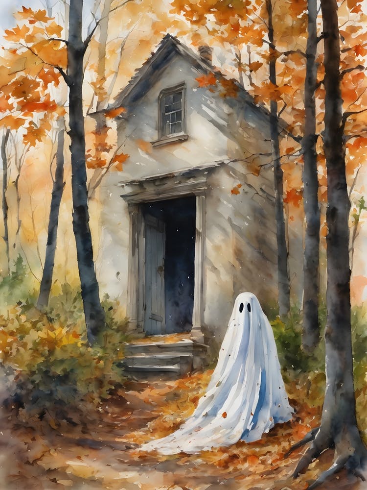 Ein stürmischer Tag ~ Geist Halloween Aquarell Herbstwald Gruseliges Gespenst Windige Bäume Spukende Hexenhaftigkeit Treiben im Wald Magisches Samhain Gemälde