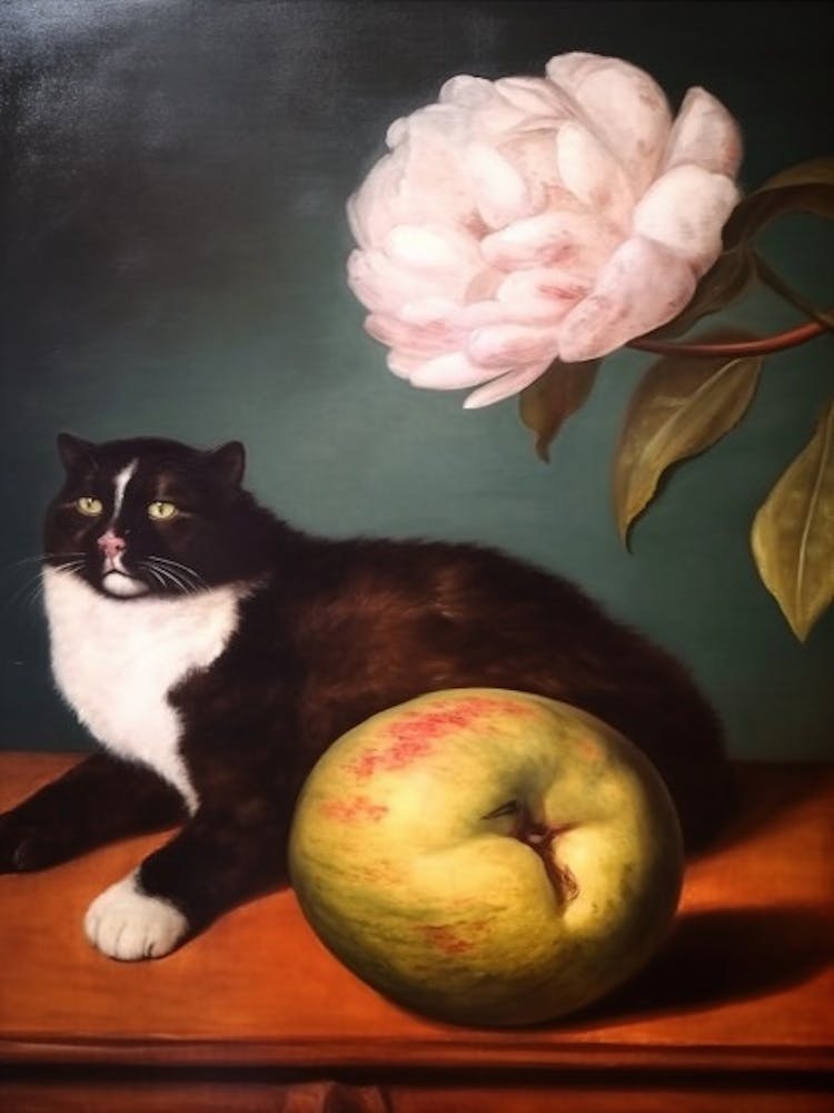 Painting Of A Still Life Of A Camellia With A Cat, Realism 2