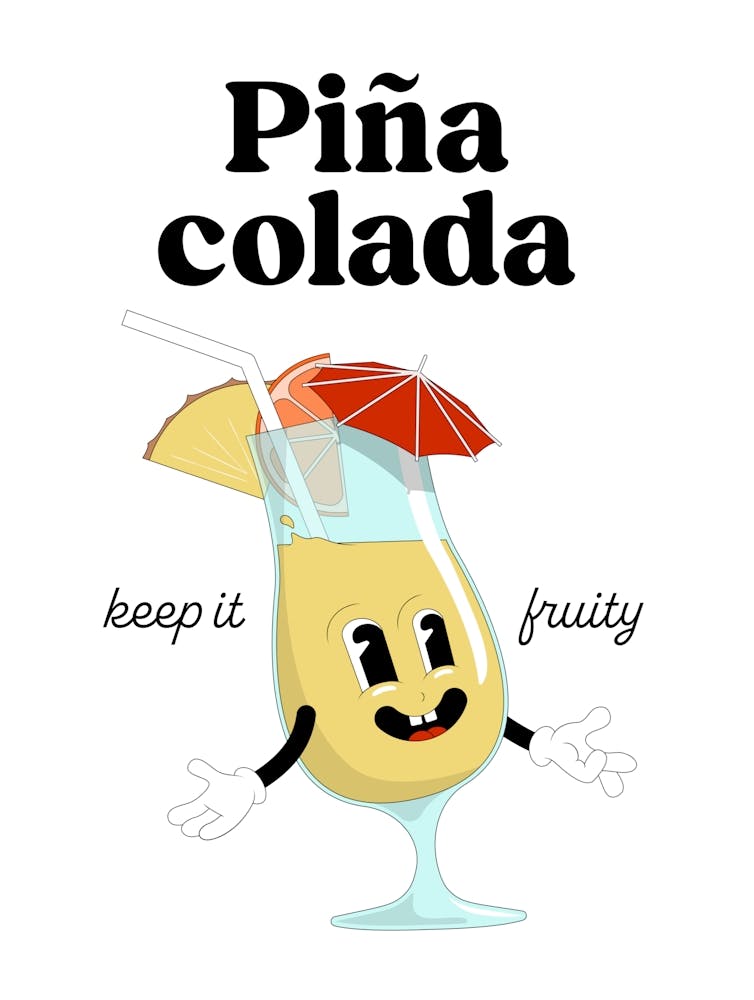 Pina Colada Cocktail Vintage Retro Cartoon Illustration