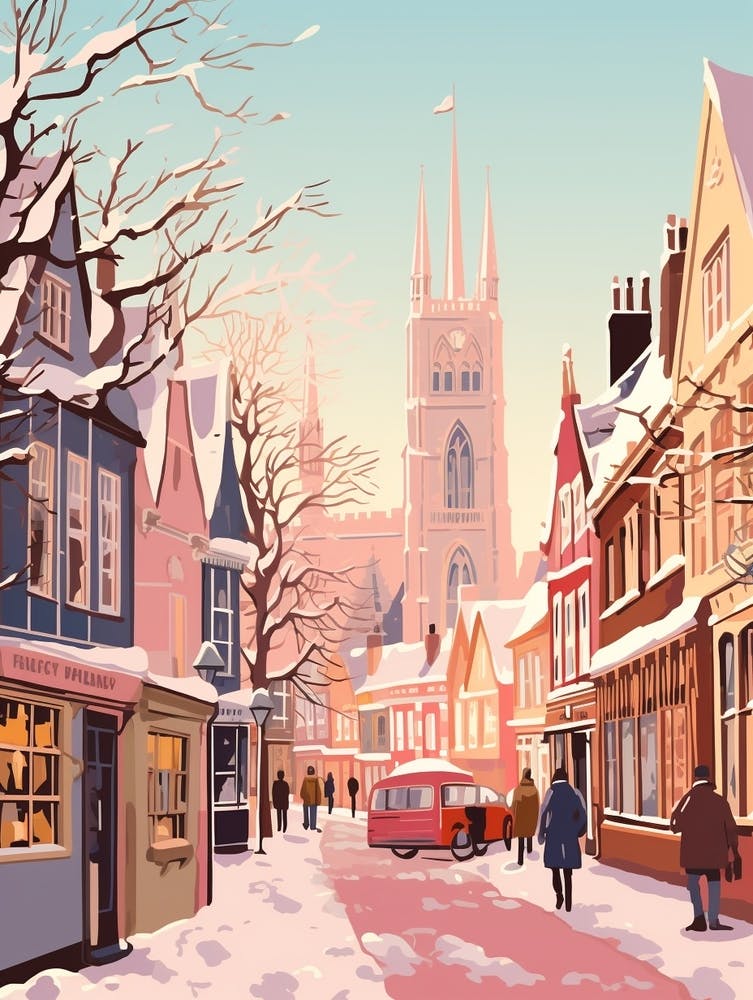 Vintage Winter Travel Illustration Canterbury United Kingdom 2