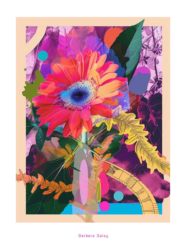 Gerbera Daisy 1 Neon Flower Collage Poster